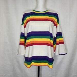 Main Strip Bellsleeve T-shirt Size Large Rainbow Back Keyhole Cotton Blend